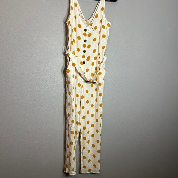 Misa Los Angeles Pants - Monteau Los Angeles Polka Dot Jumpsuit Belted Sleeveless Linen Casual Size S